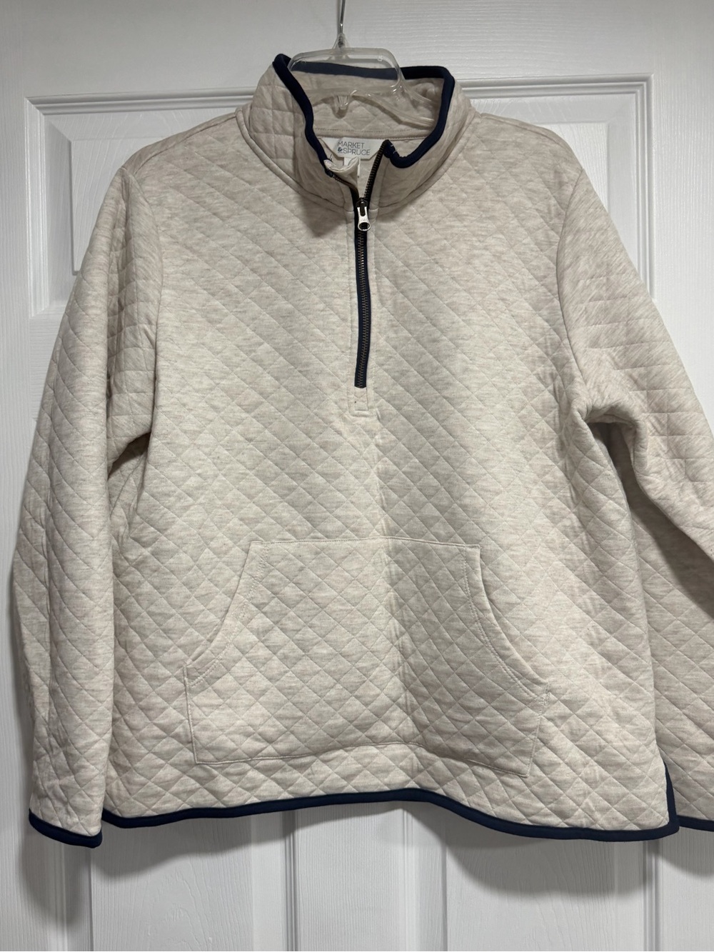Market & Spruce Cream Quilted Half-Zip Pullover with Navy Trim